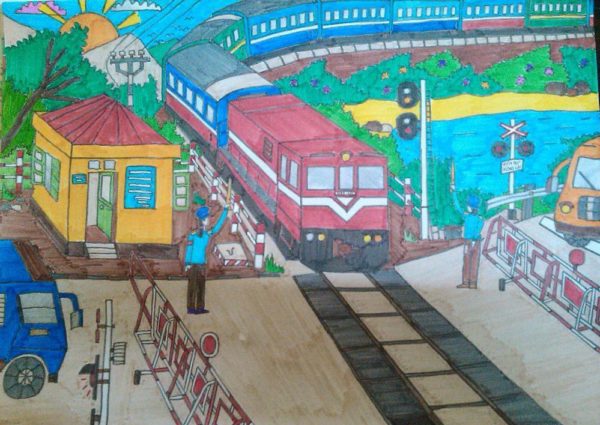 vẽ tranh đề tài an toàn giao thông đường sắt
