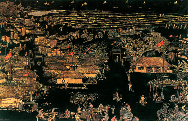 Tranh “Thôn Vĩnh Mốc”, sơn khắc của Huỳnh Văn Thuận, giải Nhất triển lãm Mỹ thuật toàn quốc 1958, nay thuộc bộ sưu tập của Bảo tàng Mỹ thuật Việt Nam